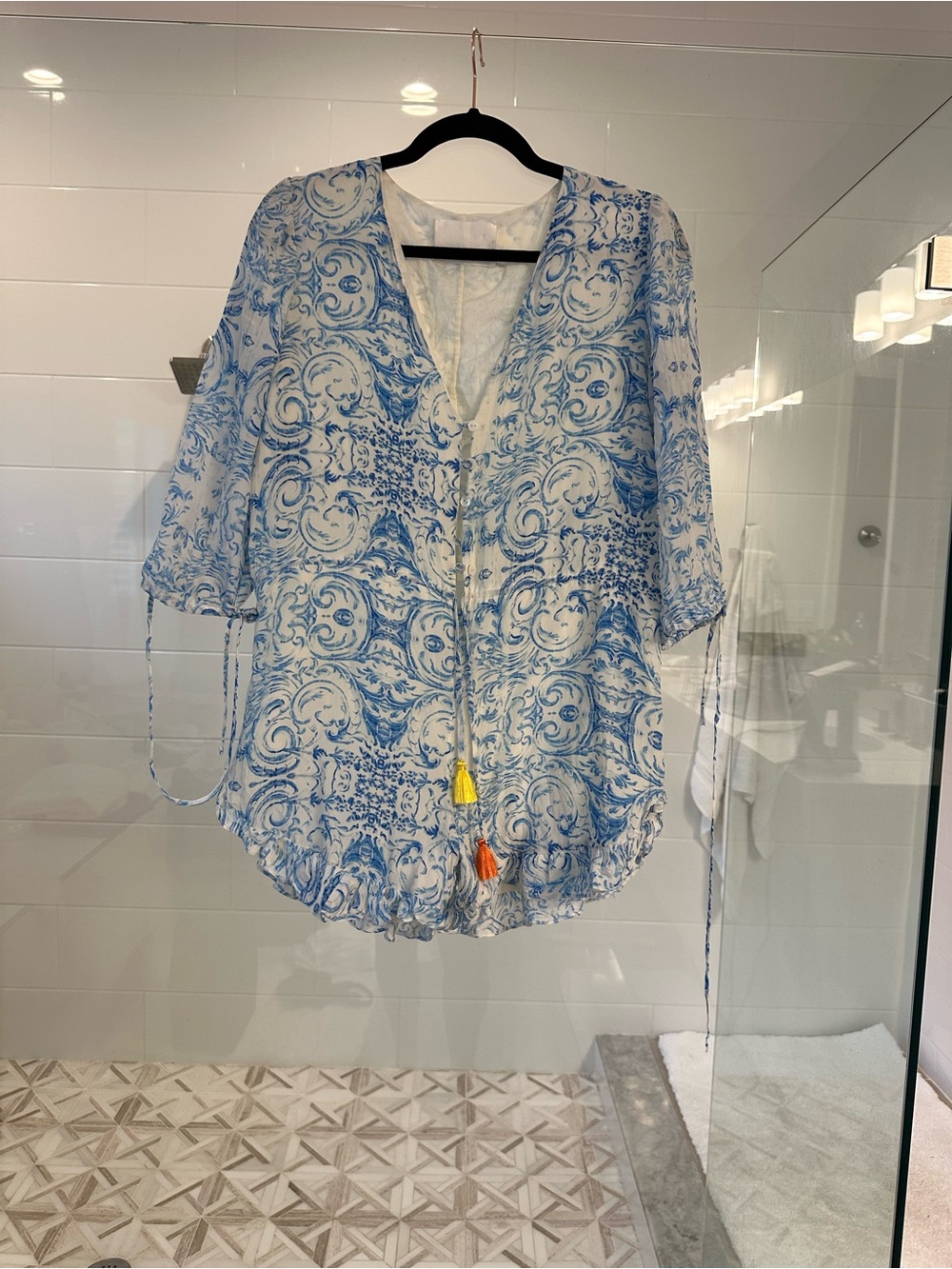 Blue & White Printed V-Neck Tunic with Tassel Ties
